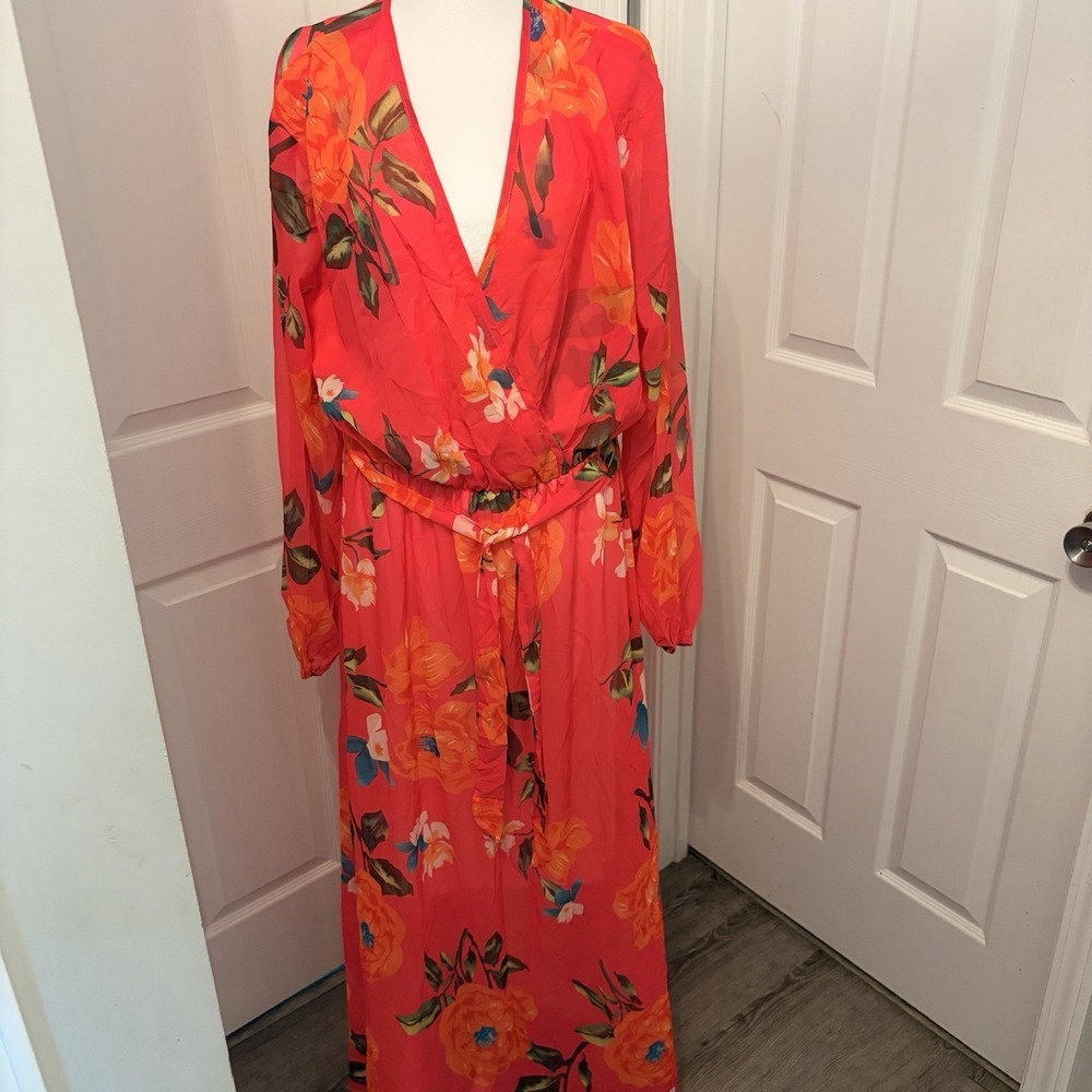 4XL Red Floral Maxi Dress Sheer Top Partial Lined Bottom Chiffon Long Sleeve EUC